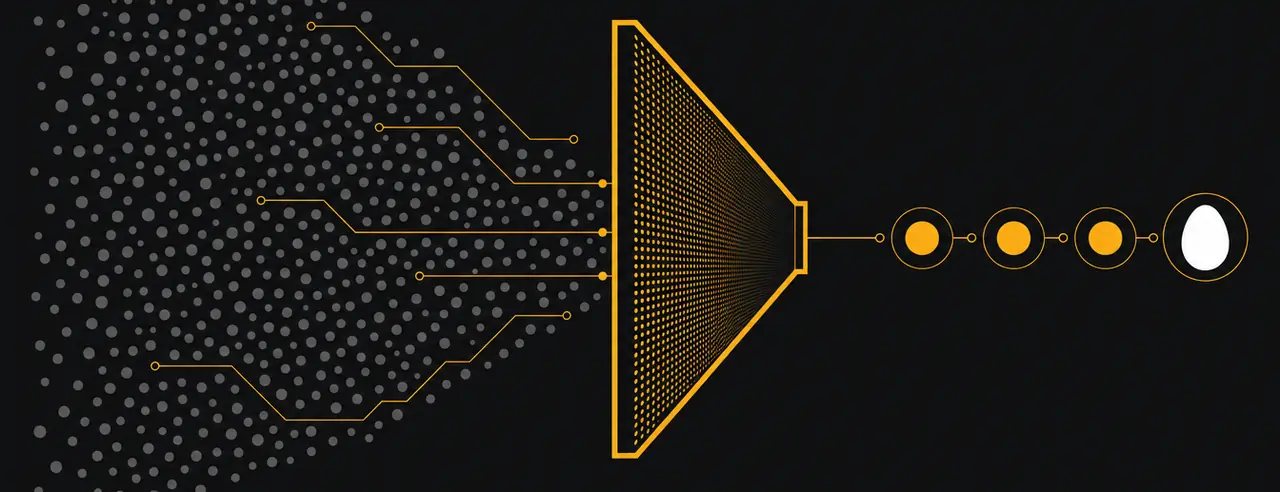 Scattered signals narrowing through a filter down to a few, the last one an egg.